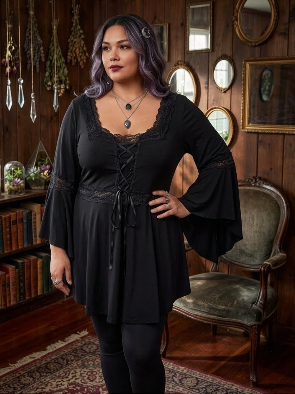 Dare to Wear 5X Gothic Corset Top Black Lace Bell Sleeve Whimsigoth Blouse Plus